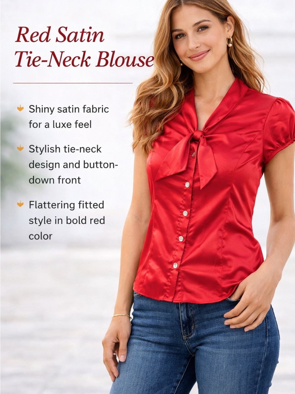 Red Satin Tie-Neck Button Front Blouse
